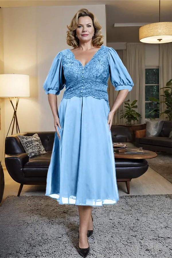 V-Neck A Line Half Lantern Sleeves Tea Length Mother of the Bride Dress