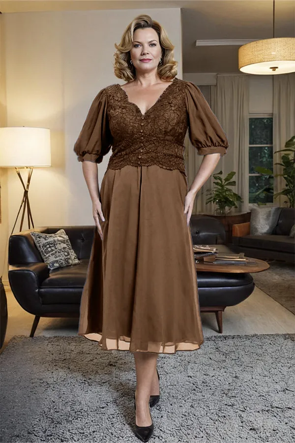 V-Neck A Line Half Lantern Sleeves Tea Length Mother of the Bride Dress