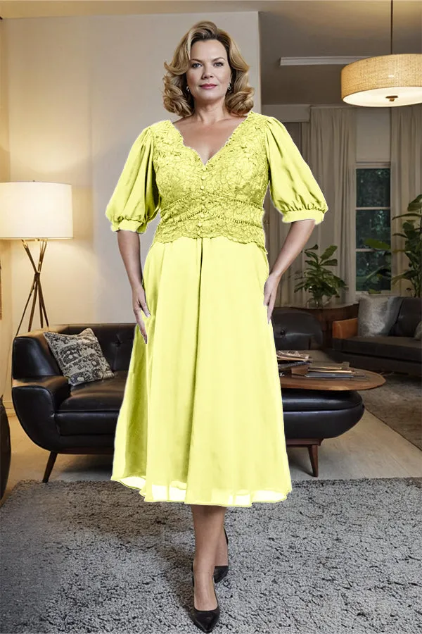 V-Neck A Line Half Lantern Sleeves Tea Length Mother of the Bride Dress