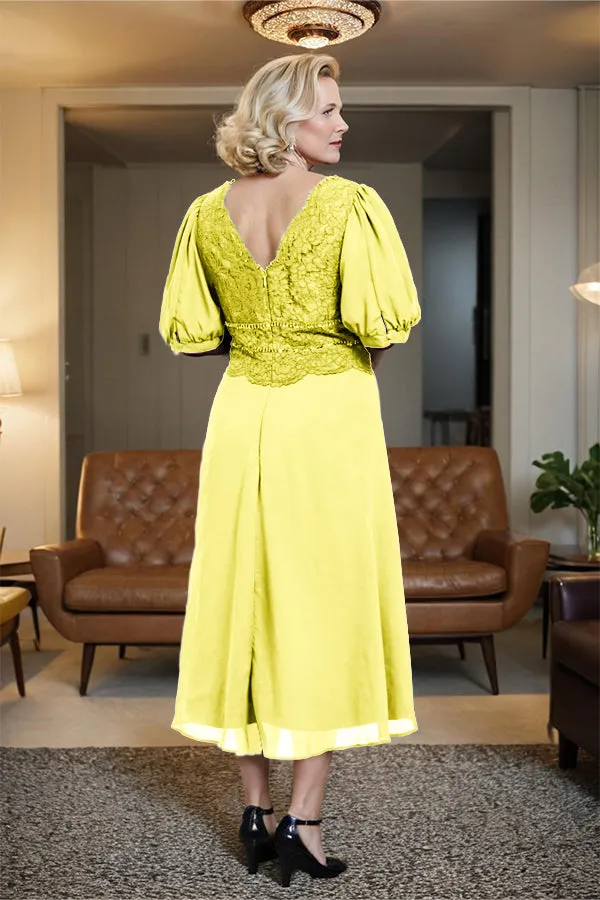 V-Neck A Line Half Lantern Sleeves Tea Length Mother of the Bride Dress