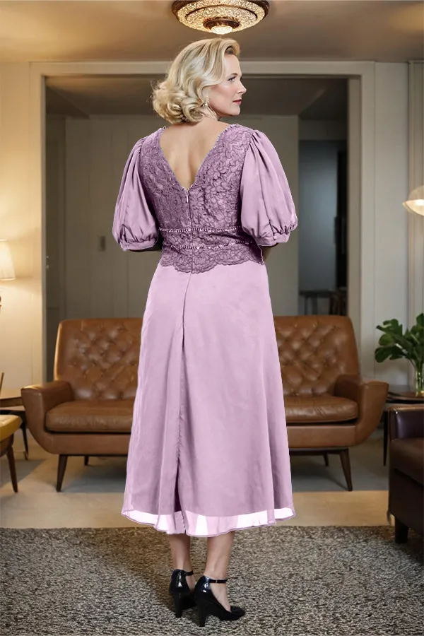 V-Neck A Line Half Lantern Sleeves Tea Length Mother of the Bride Dress