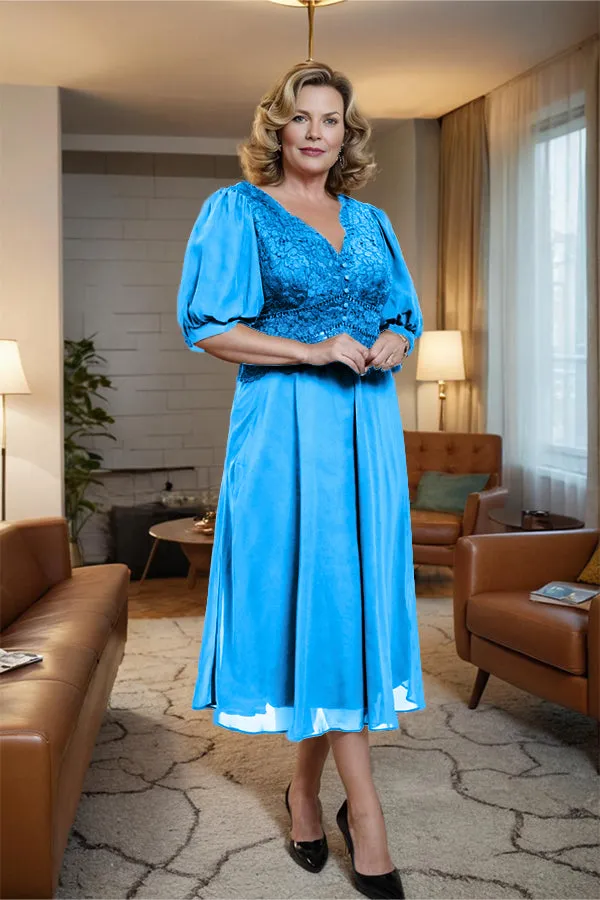 V-Neck A Line Half Lantern Sleeves Tea Length Mother of the Bride Dress