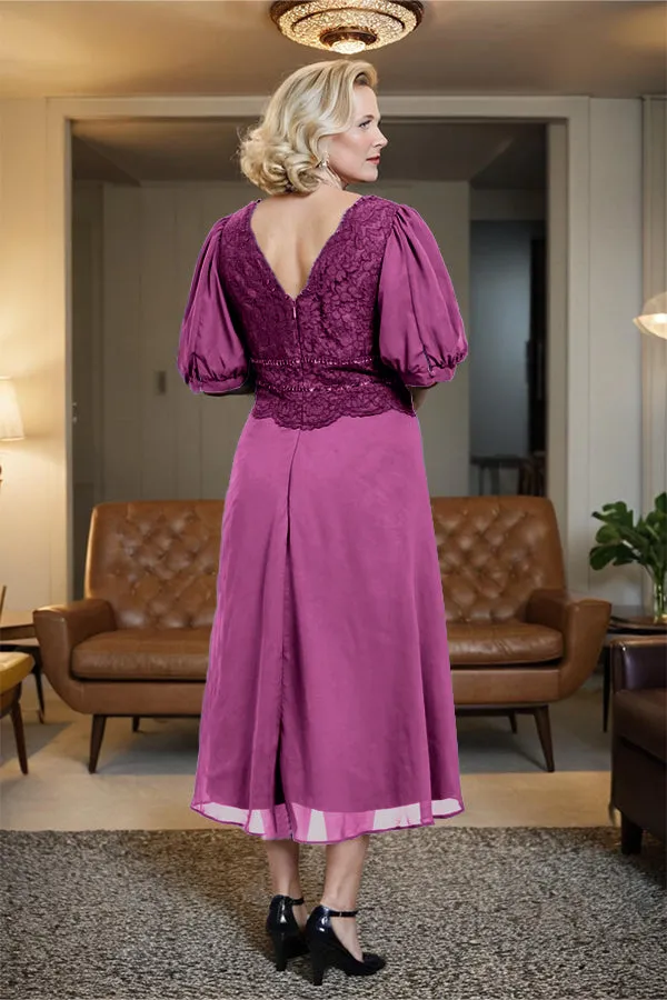 V-Neck A Line Half Lantern Sleeves Tea Length Mother of the Bride Dress