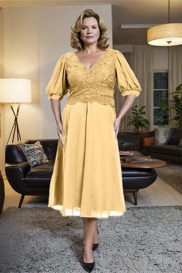 V-Neck A Line Half Lantern Sleeves Tea Length Mother of the Bride Dress
