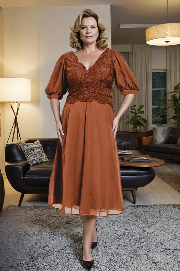 V-Neck A Line Half Lantern Sleeves Tea Length Mother of the Bride Dress