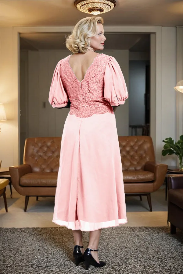 V-Neck A Line Half Lantern Sleeves Tea Length Mother of the Bride Dress