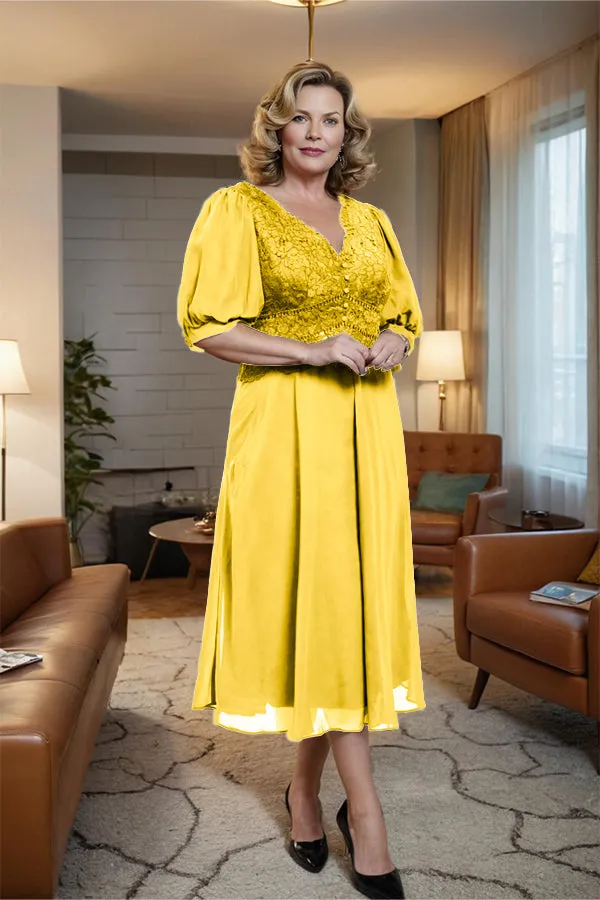 V-Neck A Line Half Lantern Sleeves Tea Length Mother of the Bride Dress