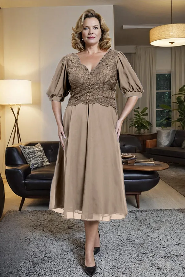 V-Neck A Line Half Lantern Sleeves Tea Length Mother of the Bride Dress