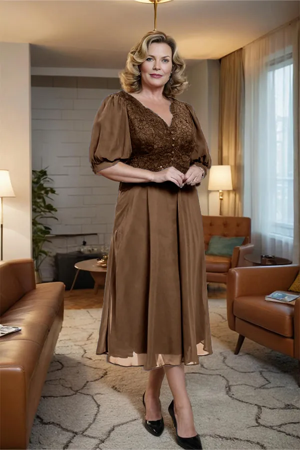 V-Neck A Line Half Lantern Sleeves Tea Length Mother of the Bride Dress