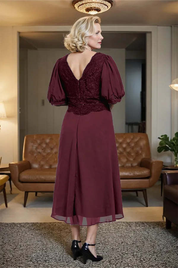 V-Neck A Line Half Lantern Sleeves Tea Length Mother of the Bride Dress