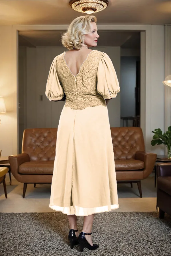 V-Neck A Line Half Lantern Sleeves Tea Length Mother of the Bride Dress