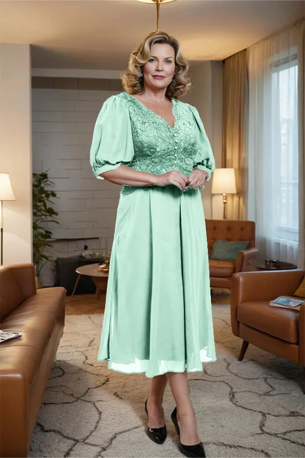 V-Neck A Line Half Lantern Sleeves Tea Length Mother of the Bride Dress