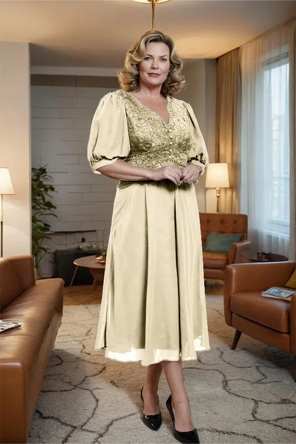 V-Neck A Line Half Lantern Sleeves Tea Length Mother of the Bride Dress