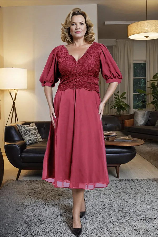 V-Neck A Line Half Lantern Sleeves Tea Length Mother of the Bride Dress