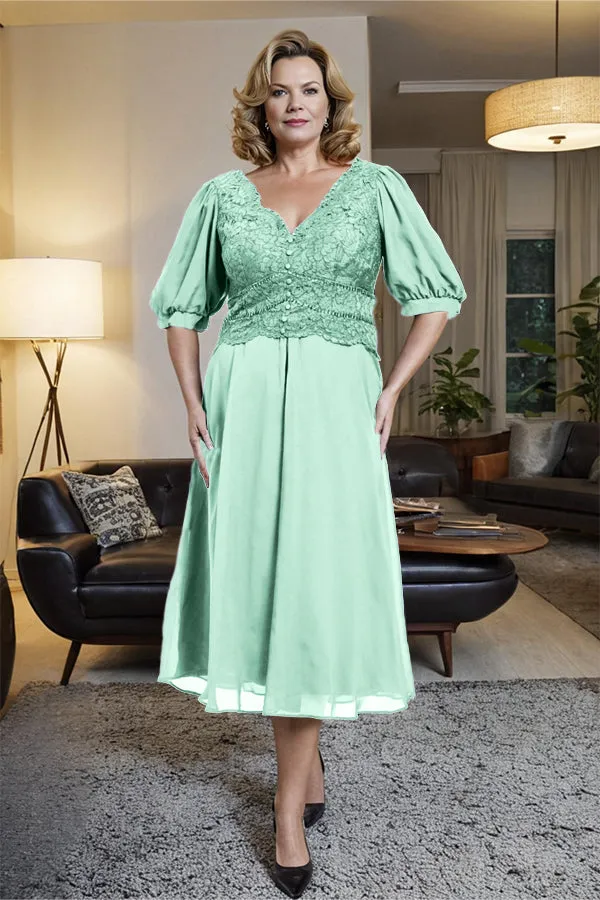 V-Neck A Line Half Lantern Sleeves Tea Length Mother of the Bride Dress