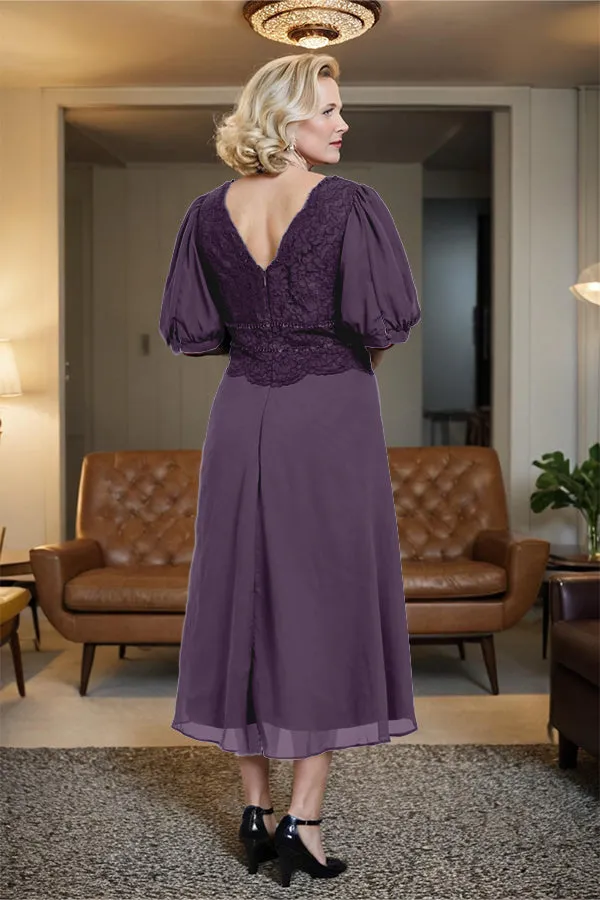 V-Neck A Line Half Lantern Sleeves Tea Length Mother of the Bride Dress