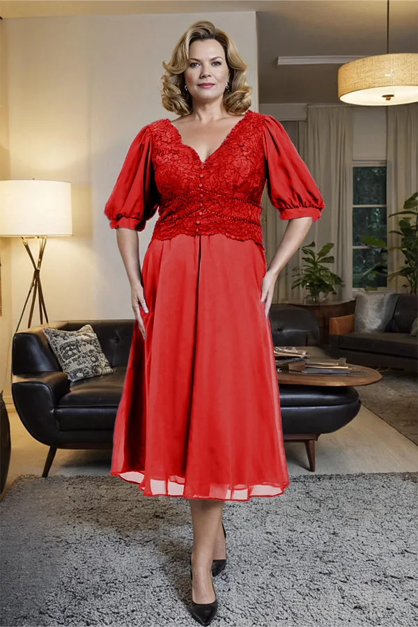 V-Neck A Line Half Lantern Sleeves Tea Length Mother of the Bride Dress