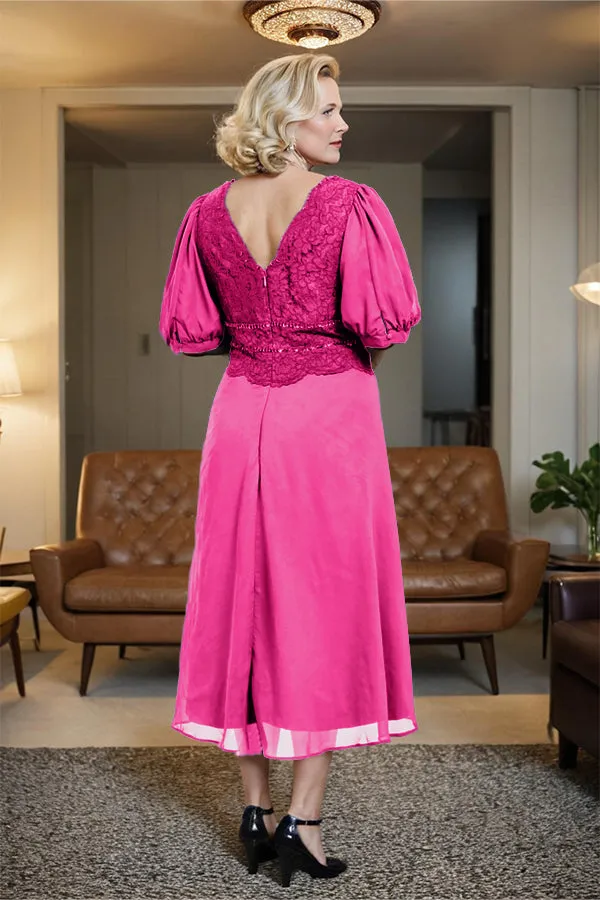 V-Neck A Line Half Lantern Sleeves Tea Length Mother of the Bride Dress