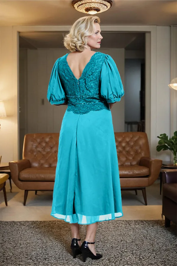 V-Neck A Line Half Lantern Sleeves Tea Length Mother of the Bride Dress