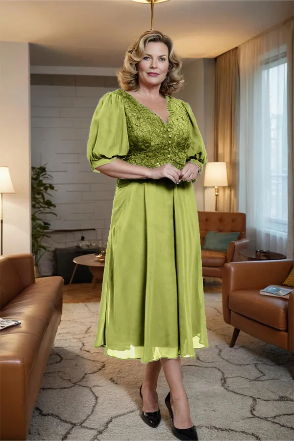 V-Neck A Line Half Lantern Sleeves Tea Length Mother of the Bride Dress