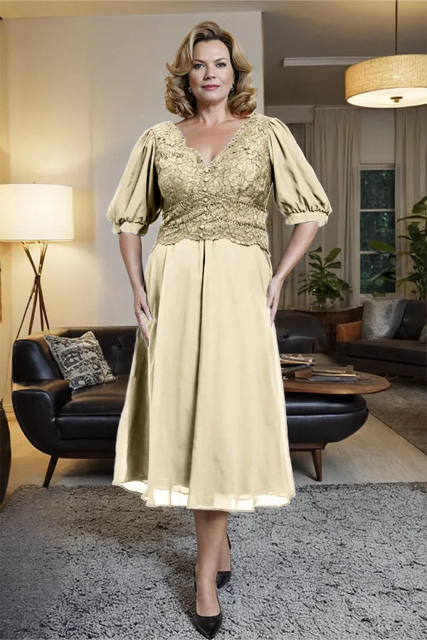 V-Neck A Line Half Lantern Sleeves Tea Length Mother of the Bride Dress
