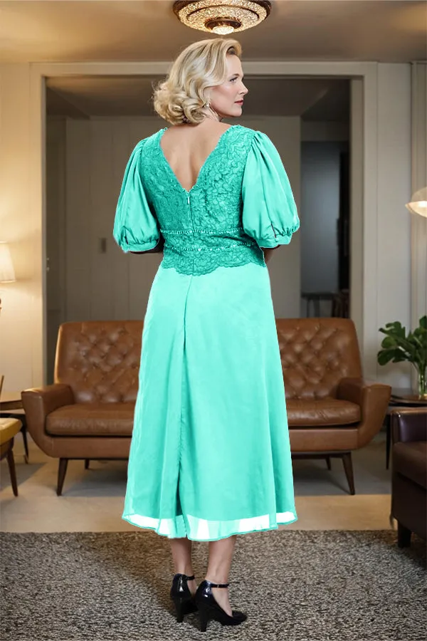 V-Neck A Line Half Lantern Sleeves Tea Length Mother of the Bride Dress