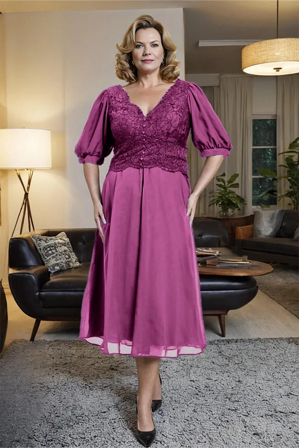 V-Neck A Line Half Lantern Sleeves Tea Length Mother of the Bride Dress