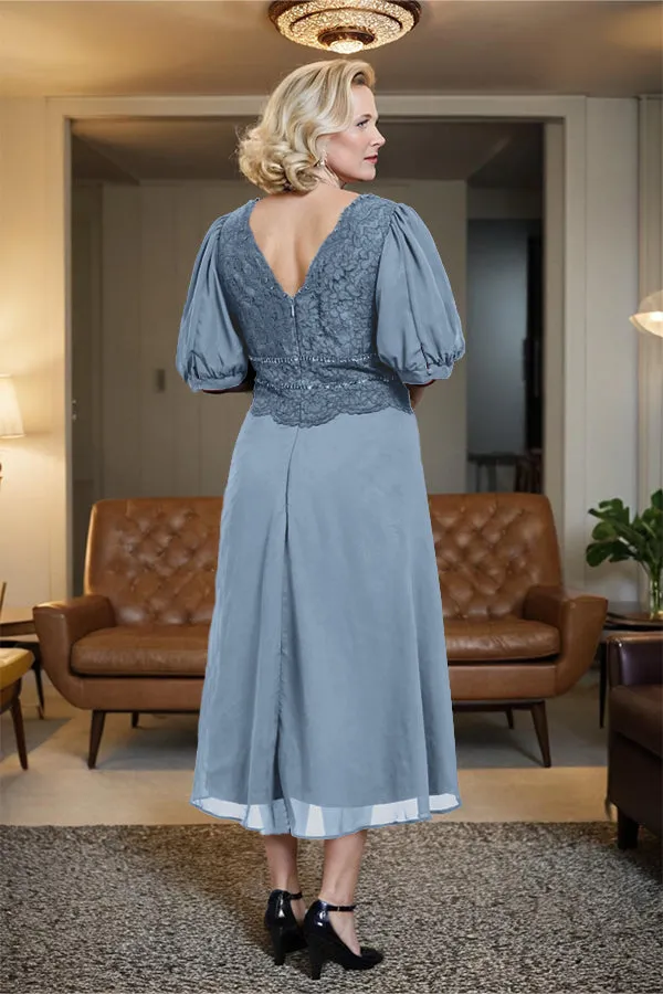 V-Neck A Line Half Lantern Sleeves Tea Length Mother of the Bride Dress