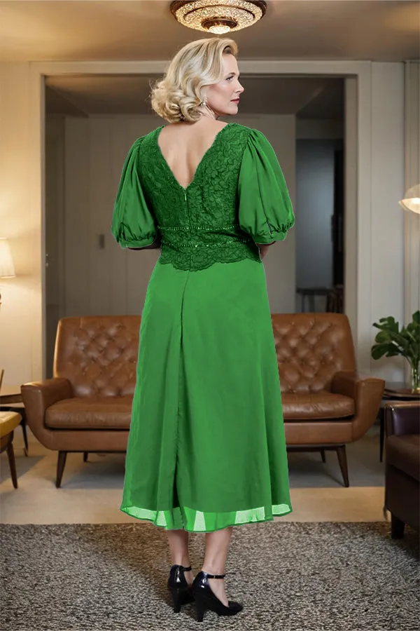 V-Neck A Line Half Lantern Sleeves Tea Length Mother of the Bride Dress