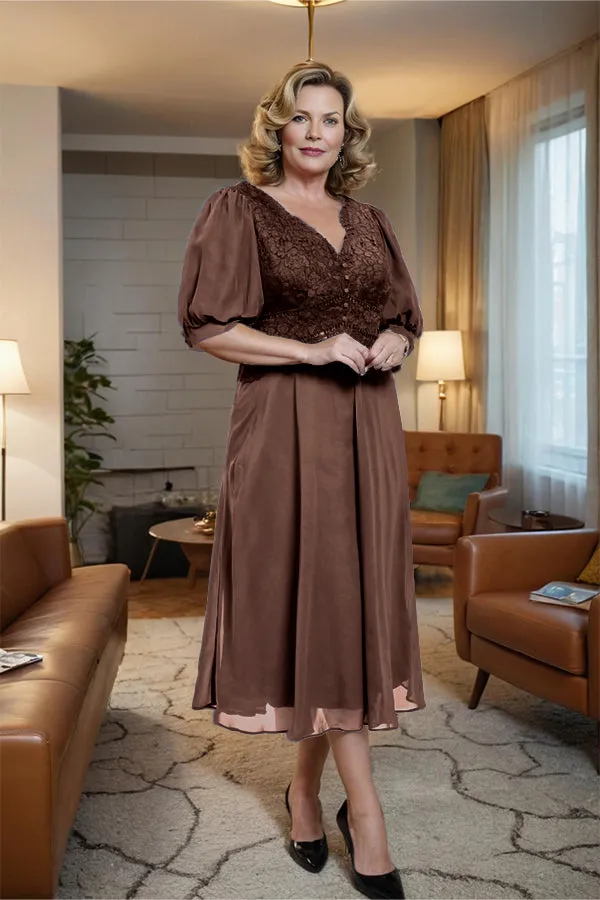 V-Neck A Line Half Lantern Sleeves Tea Length Mother of the Bride Dress