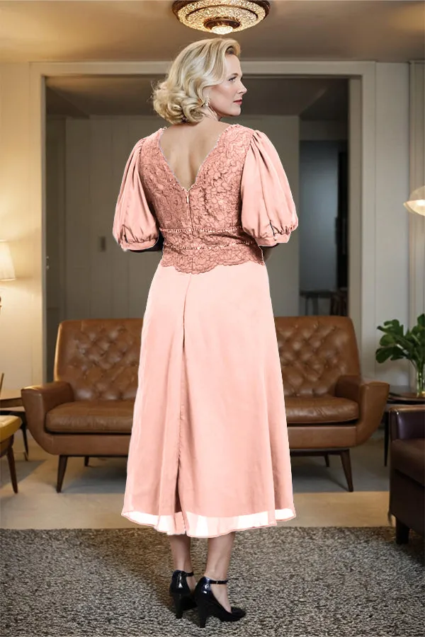 V-Neck A Line Half Lantern Sleeves Tea Length Mother of the Bride Dress