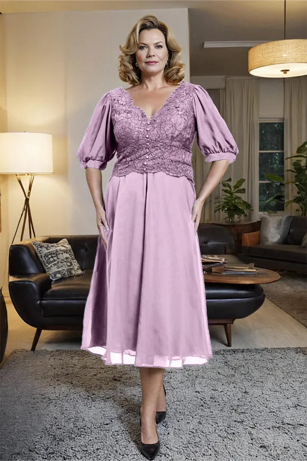 V-Neck A Line Half Lantern Sleeves Tea Length Mother of the Bride Dress