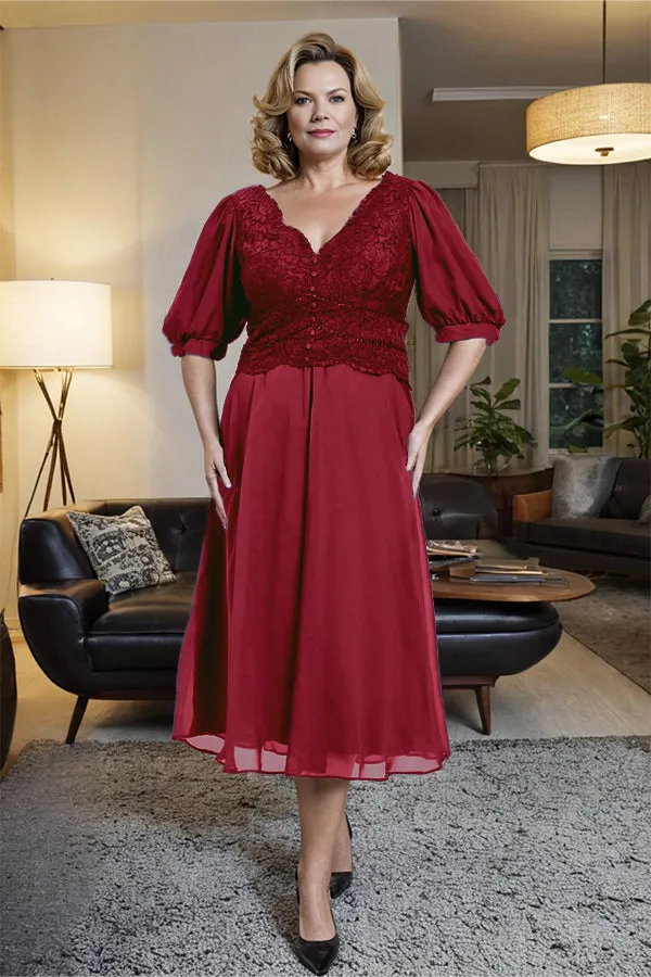 V-Neck A Line Half Lantern Sleeves Tea Length Mother of the Bride Dress