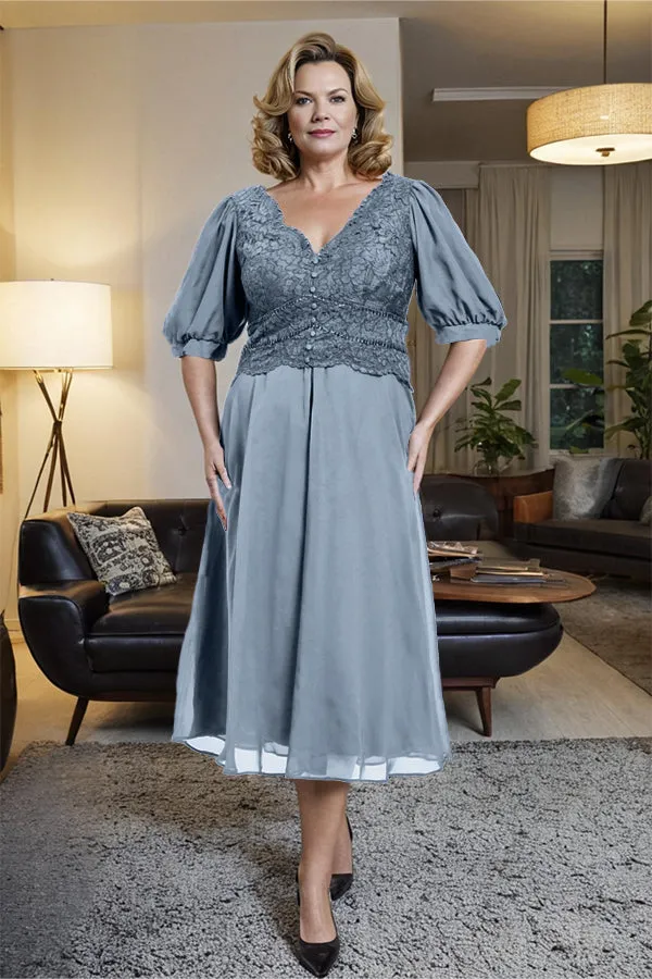 V-Neck A Line Half Lantern Sleeves Tea Length Mother of the Bride Dress
