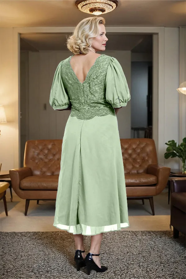 V-Neck A Line Half Lantern Sleeves Tea Length Mother of the Bride Dress