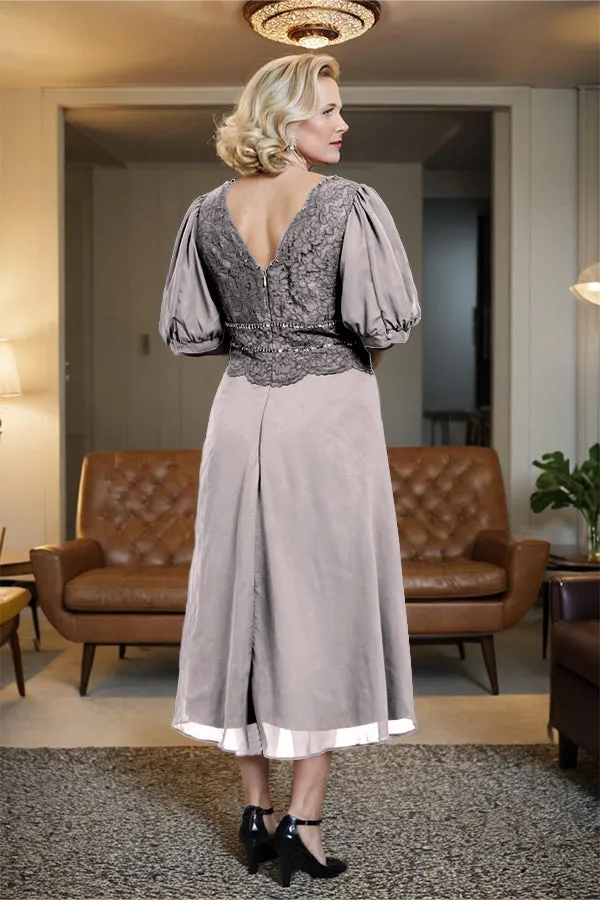 V-Neck A Line Half Lantern Sleeves Tea Length Mother of the Bride Dress