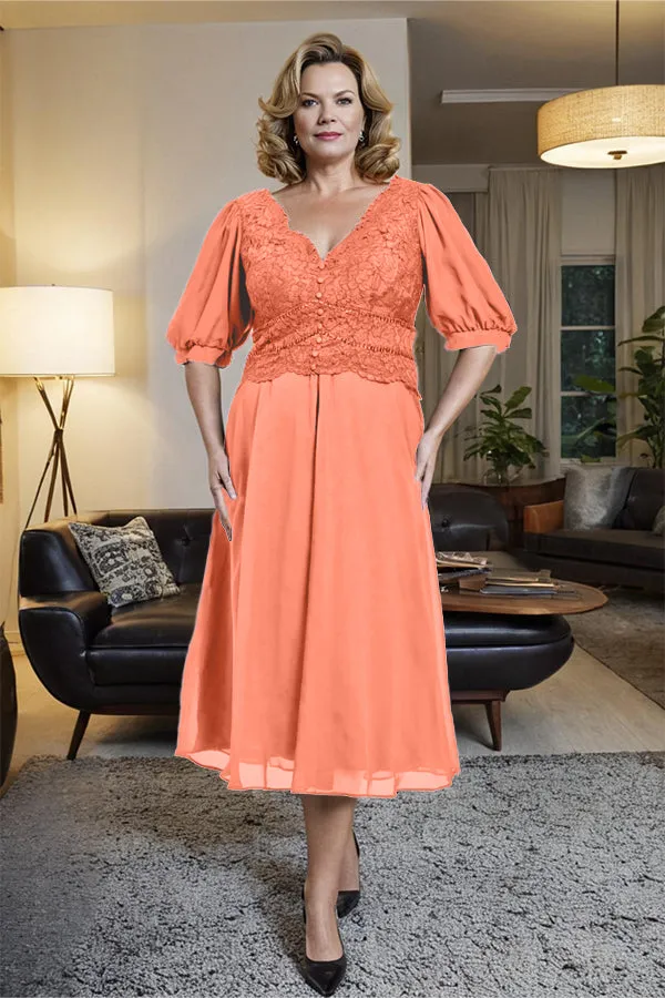 V-Neck A Line Half Lantern Sleeves Tea Length Mother of the Bride Dress