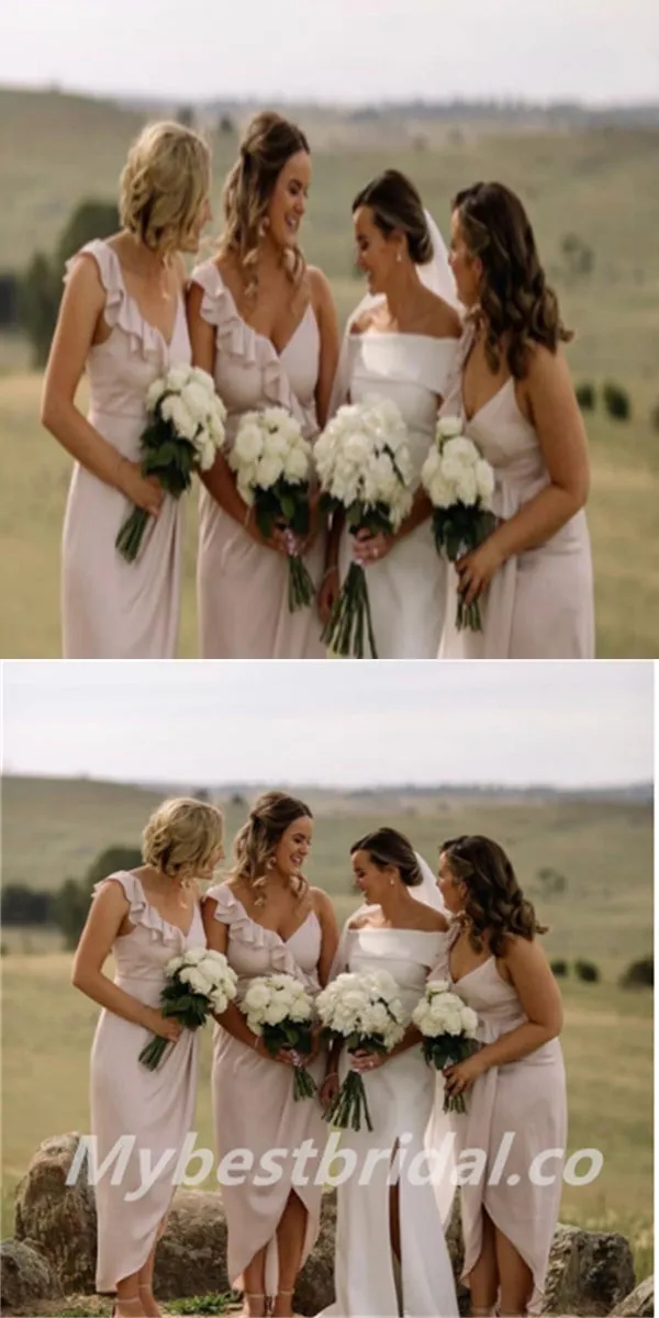 V-neck A-line Ruffle side silt  Elegant Simple Pretty Long Bridesmaid Dresses,BDS0213