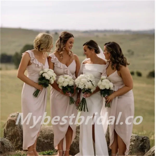 V-neck A-line Ruffle side silt  Elegant Simple Pretty Long Bridesmaid Dresses,BDS0213
