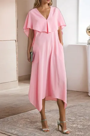 V Neck Candy Pink Short Sleeve Chiffon Tea Length Prom Dress