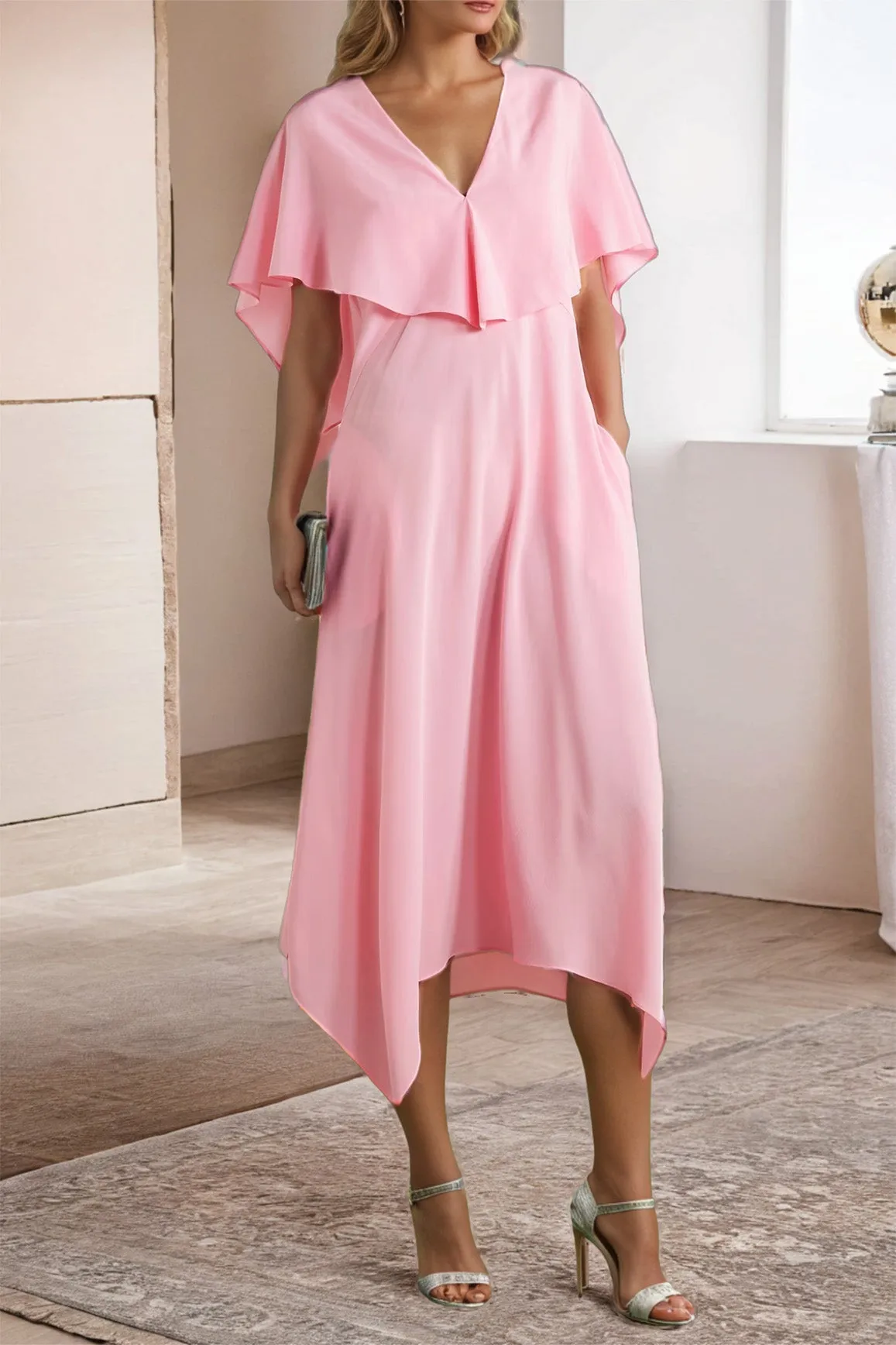 V Neck Candy Pink Short Sleeve Chiffon Tea Length Prom Dress
