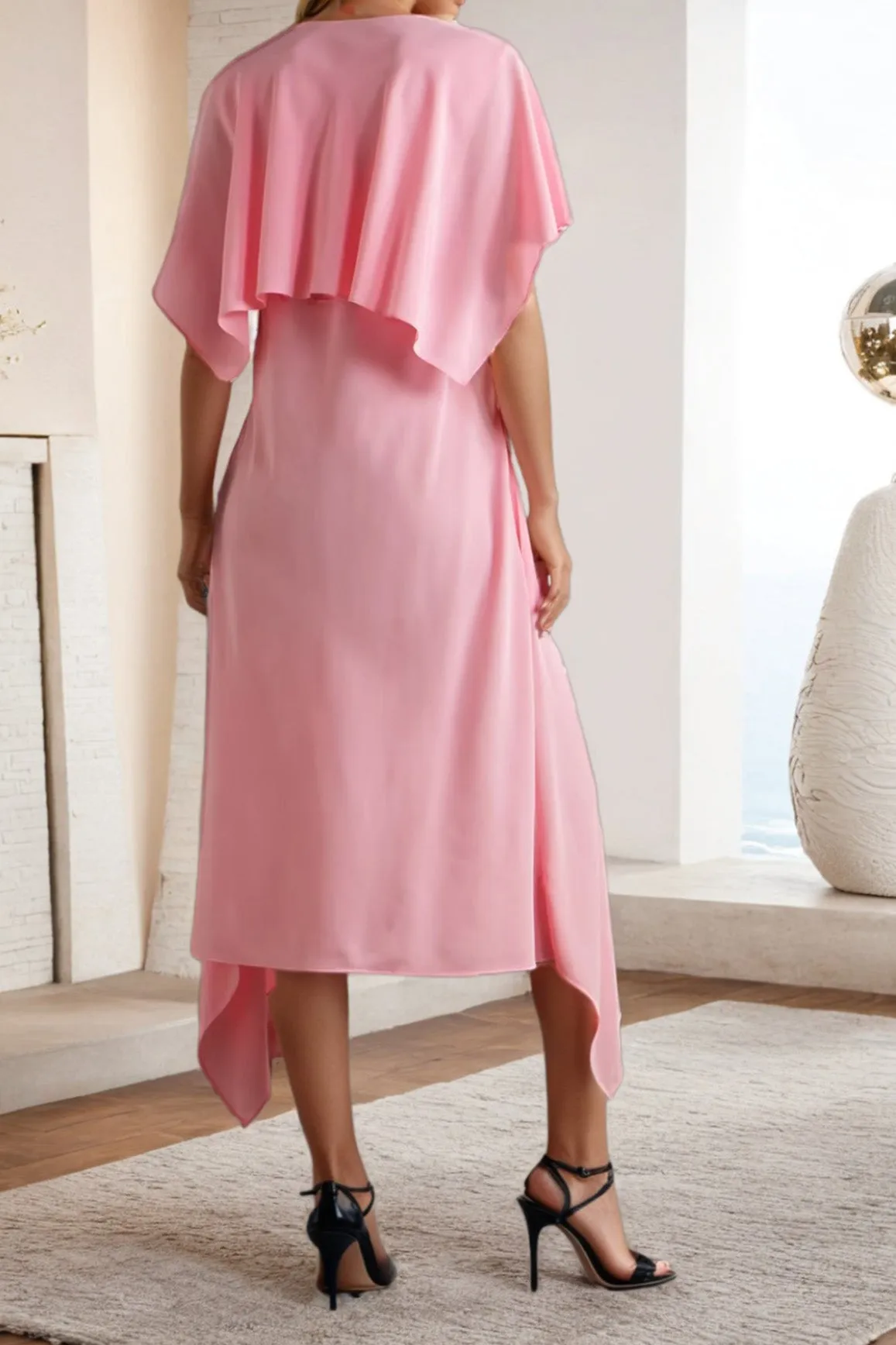 V Neck Candy Pink Short Sleeve Chiffon Tea Length Prom Dress