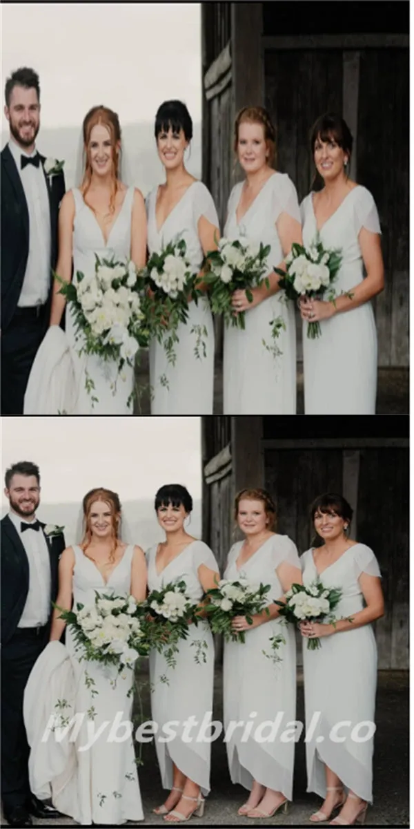 V-neck cap sleeves  Elegant Simple Pretty Long Bridesmaid Dresses,BDS0211
