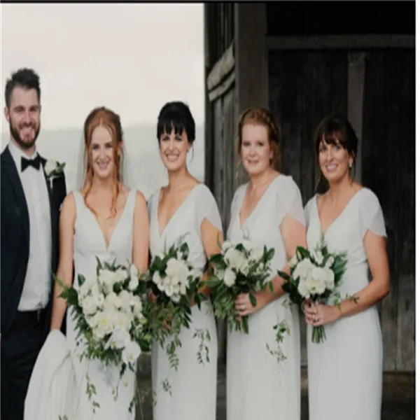 V-neck cap sleeves  Elegant Simple Pretty Long Bridesmaid Dresses,BDS0211