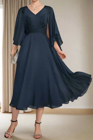 V Neck Tea Length Chiffon Appliques A-Line Mother of the Bride Dress