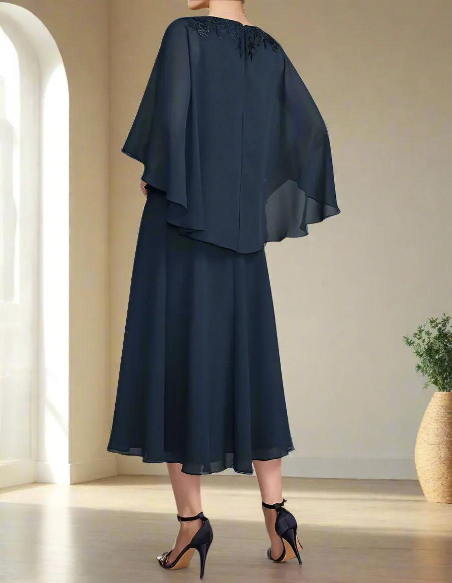 V Neck Tea Length Chiffon Appliques A-Line Mother of the Bride Dress