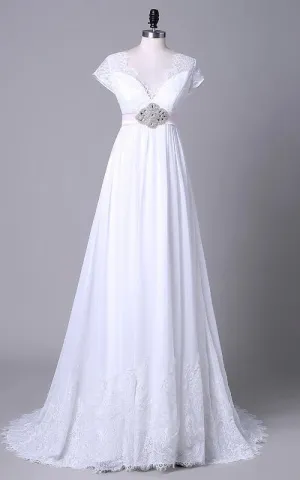V-Neckline Lace Satin Off-The-Shoulder Tea-Length Sequined Chiffon Dress-714038
