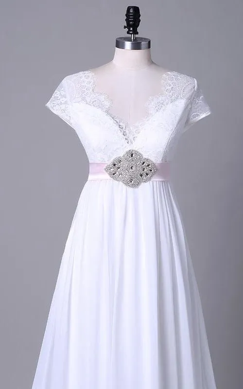 V-Neckline Lace Satin Off-The-Shoulder Tea-Length Sequined Chiffon Dress-714038