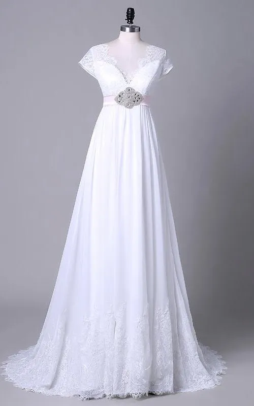 V-Neckline Lace Satin Off-The-Shoulder Tea-Length Sequined Chiffon Dress-714038