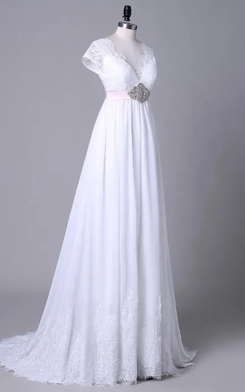 V-Neckline Lace Satin Off-The-Shoulder Tea-Length Sequined Chiffon Dress-714038